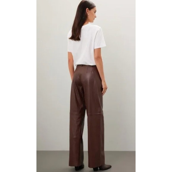 VEDA Pants Women 12 Brown Leather Wide Leg High Rise Trousers - Picture 3 of 10